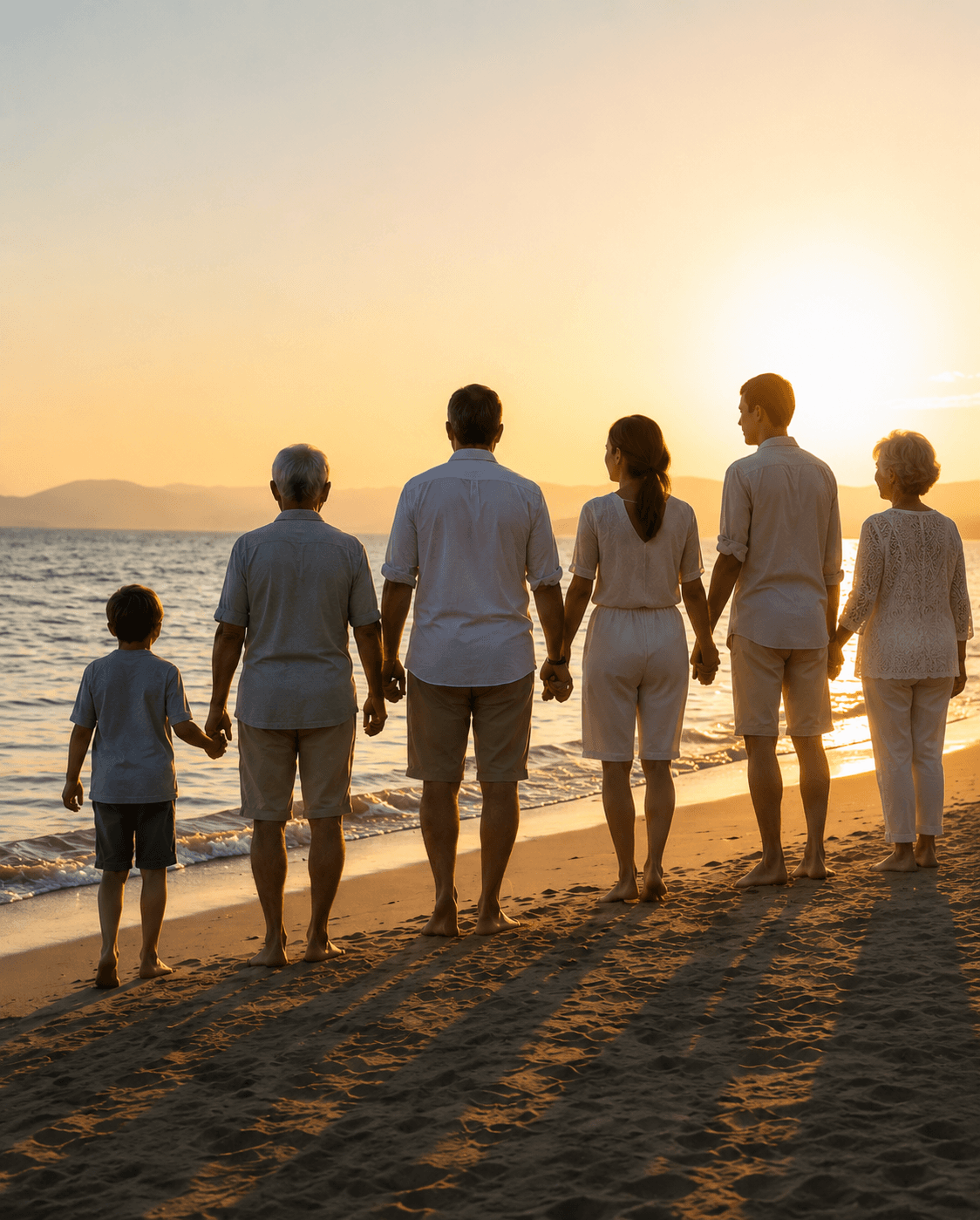 An extended family gathered on a beach at sunset