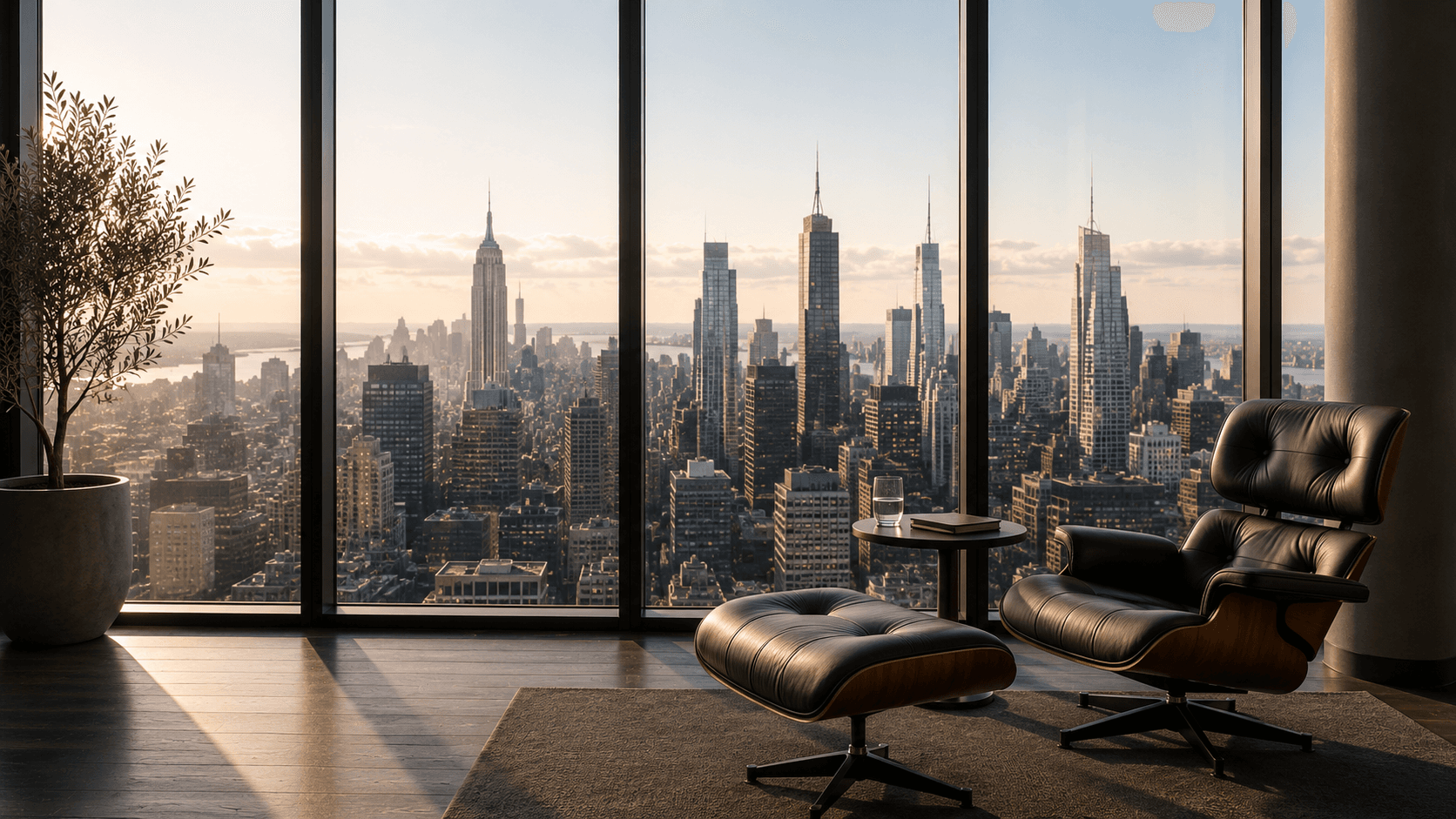 A penthouse lounge with city skyline views